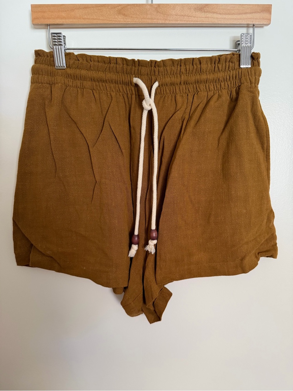 Zara Drawstring Linen-Blend Shorts in Mustard Brown